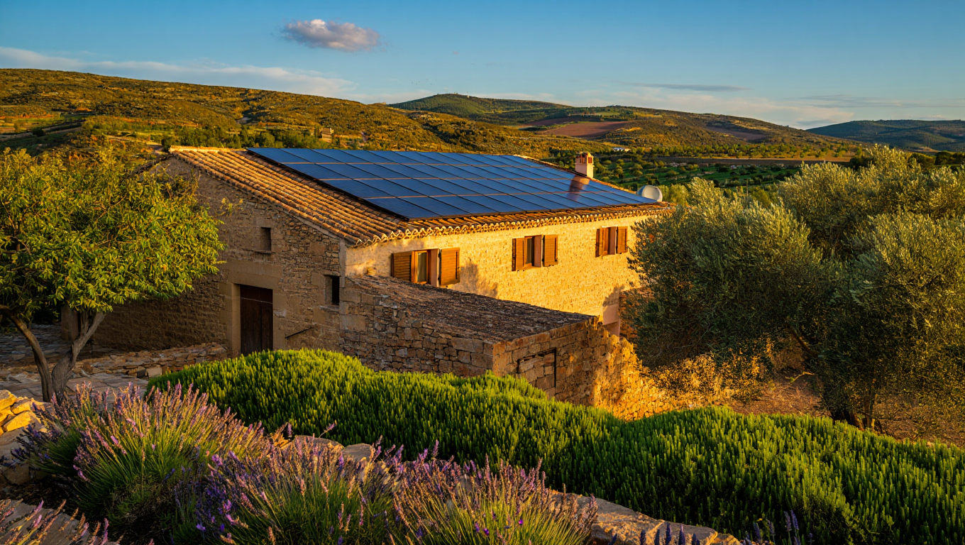 Casa rural con tejado de tejas y paneles solares discretos